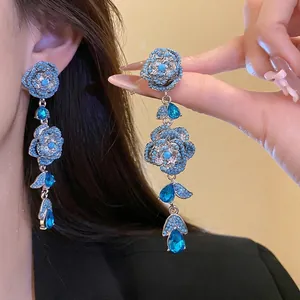 Vintage Copper Alloy Zirconia Flower Tassel Drop Earrings With Silver Earring Post Luxurious Blue Zircon Earrings For Women