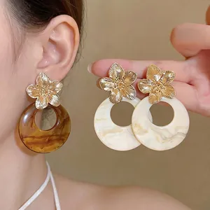 French Vintage Maillard Style Flower Hoop Earrings With Silver Earring Post Resin Marble Pattern Drop Earrings For Women Jewelry