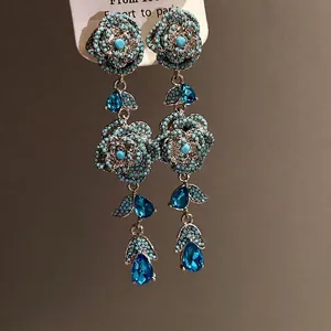 Vintage blue flower tassel drop earrings with zircon and silver needle details
