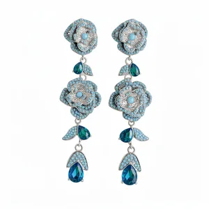 Elegant vintage floral tassel drop earrings with blue zircon stones and silver pins