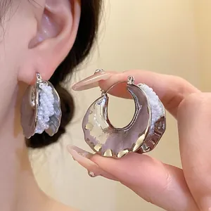 Orecchini a Cerchio in Lega Lavica Irregolare da Donna Con Perle Artificiali Intarsiate Gioielli di Moda Argento Vintage