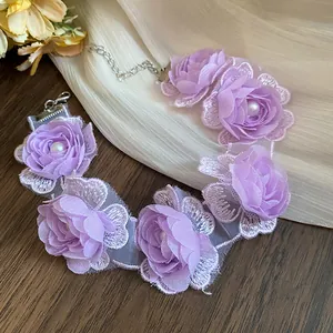 Elegant purple mesh lace flower choker necklace featuring white faux pearl centers