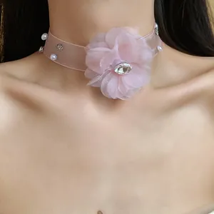 Elegant pink fabric flower choker necklace with delicate pearl and rhinestone details