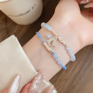 Conjunto de Pulsera de Cuentas de Piedra Tejida a Mano de Moda Simple para Mujer Colgante de Pez de Plata Azul Claro Joyería de Cuerda Ajustable Regalo