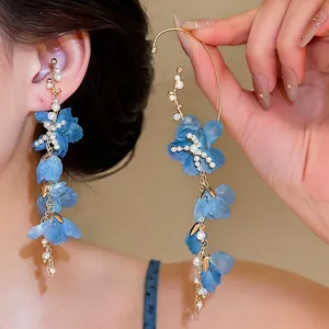 Resort Style Blue Chiffon Flower Long Tassel Ear Hanging Clip Earrings With Artificial Pearls Gold Plated Women Jewelry