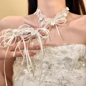 Collana Choker Francese Elegante in Pizzo Bianco Con Fiocco Per Donna Perla Artificiale Nastro di Raso Collana Girocollo Fatta a Mano Per Matrimonio