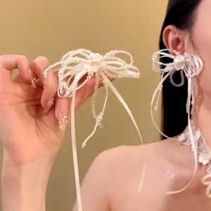 Elegante collana con fiocco in nastro di perle in stile francese con pizzo per donna