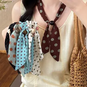 Korean style polka dot chiffon neck scarf for women with elegant ring buckle