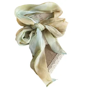 Elegant Korean style gradient green and beige chiffon square scarf tied in a bow