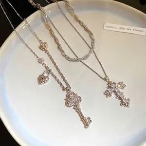 Vintage silver plated zircon cross and heart lock key pendant necklace for women's style