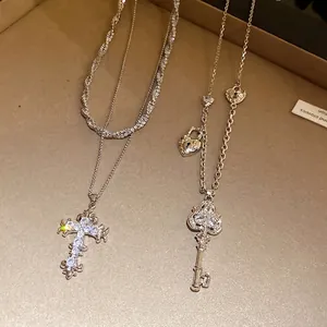 Vintage zircon-encrusted cross and key pendant necklaces with delicate heart charms jewelry