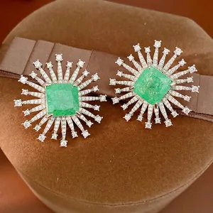 Orecchini a Bottone Quadrati Vintage Fuochi d'Artificio Con Perno in Argento Sterling 925 Zirconia Verde Per Donna