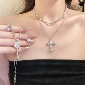 Vintage zircon gothic cross pendant necklace and decorative key chain for women