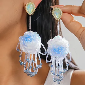 Western Style Resin Flower Tassel Drop Earrings For Women Bohemian Vacation Rhinestone Artificial Pearl Alloy Jewelry