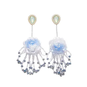 Elegant resin flower tassel earrings with blue gradient rose and pearl accents for women