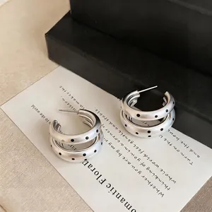 Retro French style silver multi-layer hoop earrings with elegant black polka dots design