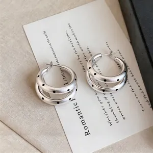 French vintage silver multi-layer hoop earrings with black polka dot design
