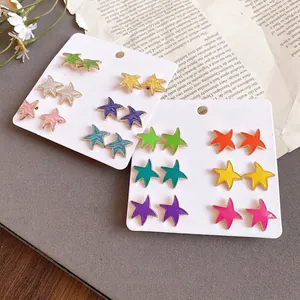 Pendientes de Botón de Estrella de Goteo de Aceite Dulce y Fresco Con Poste de Plata Aleación Esmalte Multicolor Joyería Mujer