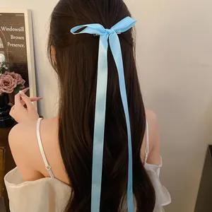 Detailed view of a sweet light blue satin ribbon bow hair clip worn on long dark hair