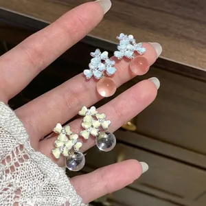 Korean Style Ins Enamel Flower Stud Earrings For Women Summer Rhinestone Inlaid Floral Design Silver Earring Post Jewelry