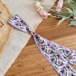 Elegant lavender floral chiffon skinny scarf with pink bow clip in pastoral style