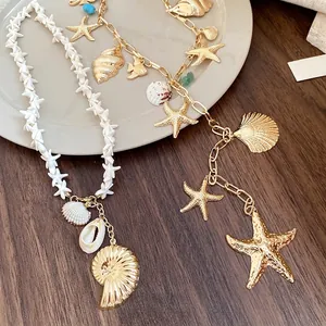 Bohemian gold chain starfish and seashell pendant necklaces for summer beach vacations