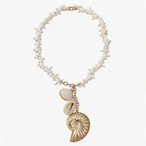 Elegant white starfish beads necklace with gold and shell charms for beach vacations
