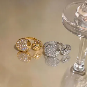 Elegant eight-pointed star and moon zircon open rings in gold and silver finish