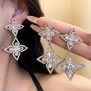Luxury 925 Sterling Silver Earring Post Zirconia Floral Pendant Earrings Copper Real Gold Plated Water Drop Flower Dangle Earrings