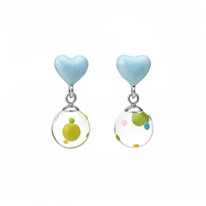 Korean style enamel heart stud earrings with colorful polka dot glass sphere drops