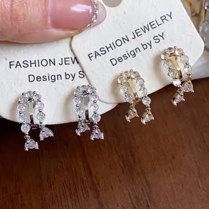 18K Gold Plated Zirconia Water Drop Clip On Earrings For Women Without Pierced Ears Elegant Delicate Dangle Ear Clips Luxury Fashion Jewelry