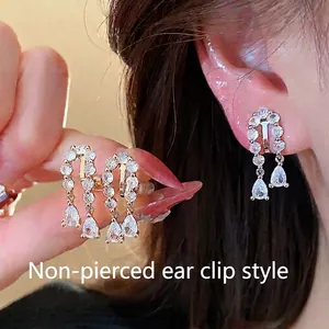 18k gold plated water-drop zircon ear clips for non-pierced ears, elegant style