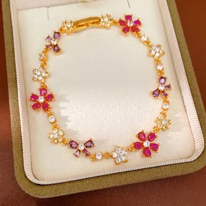 Luxury Real Gold Plated Copper Flower Bow Knot Bracelet Elegant Multi Color Zirconia Inlaid Bracelet Fashion Women Hand Jewelry