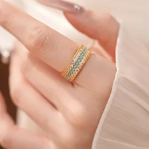 Anello in Rame Geometrico a Tre File Vintage per Donna Placcato in Oro Incastonato con Zirconia Anello Aperto Regolabile Gioielli di Alta Gamma