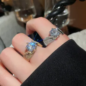 Detail view of 14k gold plated zircon rings with sparkling geometric crystals