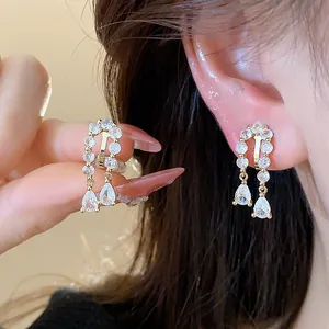 Detailed view of 18k gold plated cubic zirconia teardrop clip-on earrings for women