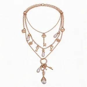 Elegant vintage multi-layer rose gold necklace featuring pearl charms and heart key pendants.