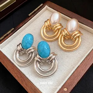 Vintage Stile Palazzo Ovale Perla Artificiale Turchese Orecchini a Bottone Con Perno Argento Di Lusso Orecchini per Donna