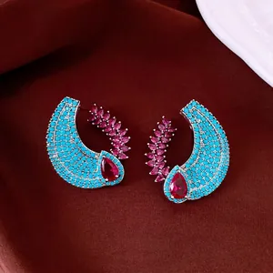 Vintage Baroque Copper Zirconia Oval Flower Stud Earrings For Women Silver Blue Pink Hollow Teardrop Court Style Jewelry