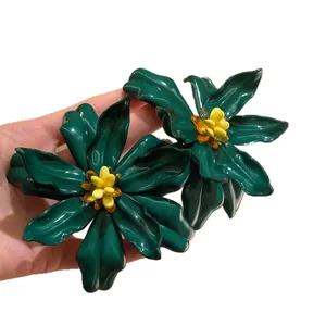Elegant oversized green acrylic flower earrings with silver needles for vacation style