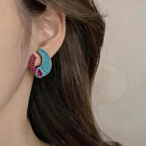 Elegant court style stud earrings with blue mosaic pattern and red zircon teardrop