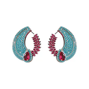 Vintage palace style hollow C-shaped earrings with turquoise beads and red zircon