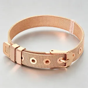Detailed view of rose gold Milanese mesh bracelet with stainless steel pin buckle.
