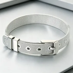 Close-up of silver 304 stainless steel Milanese mesh bracelet with adjustable buckle