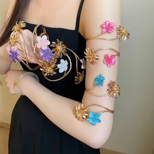 Vintage Europäischer Gold Eisen Metall Emaille Blume Oberarmreif Verstellbare Spirale Tropföl Floral Arm Manschette Armband Für Damen Luxus Handschmuck