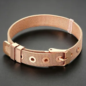 Macro view of rose gold Milanese mesh stainless steel bracelet with buckle
