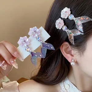 Elegante Fermaglio per Capelli in Resina con Fiore e Coda di Pesce per Donna Becco d'Anatra con Perle Artificiali e Strass