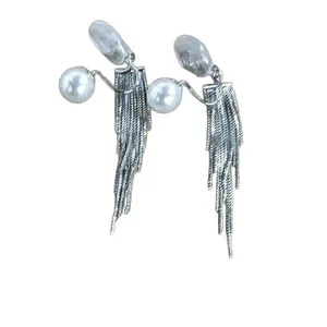 Elegant pearl clip-on earrings with long silver fringe tassels for non-pierced ears