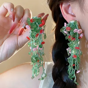Forest Style Glass Resin Flower Tassel Stud Earrings With 925 Sterling Silver Earring Post Handmade Green Pink Red Floral Long Drop Earrings For Women