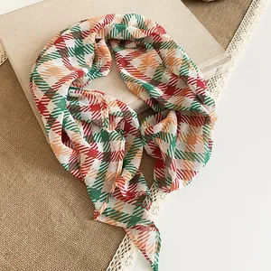 Pastoral style checkered chiffon square scarf in vibrant red and green pattern